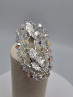 Vintage Aurora Borealis Crystal Leaf Brooch Silver Tone 1950s–1960s 2.5"